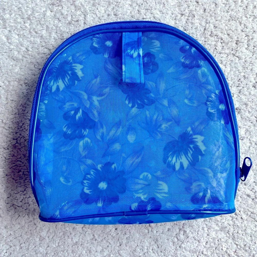 Avon Blue Floral Mesh Makeup Cosmetics Bag Case Pouch